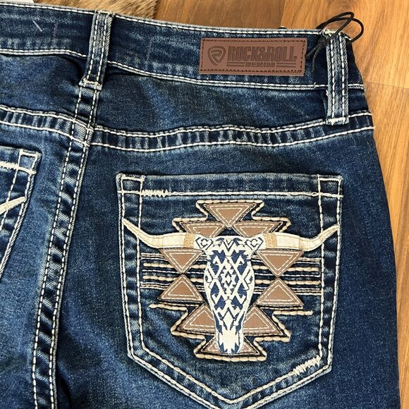 NEW ROCK & ROLL Denim Midrise Bootcut Aztec Longhorn Women's Riding Jeans 26x34 - Picture 9 of 12